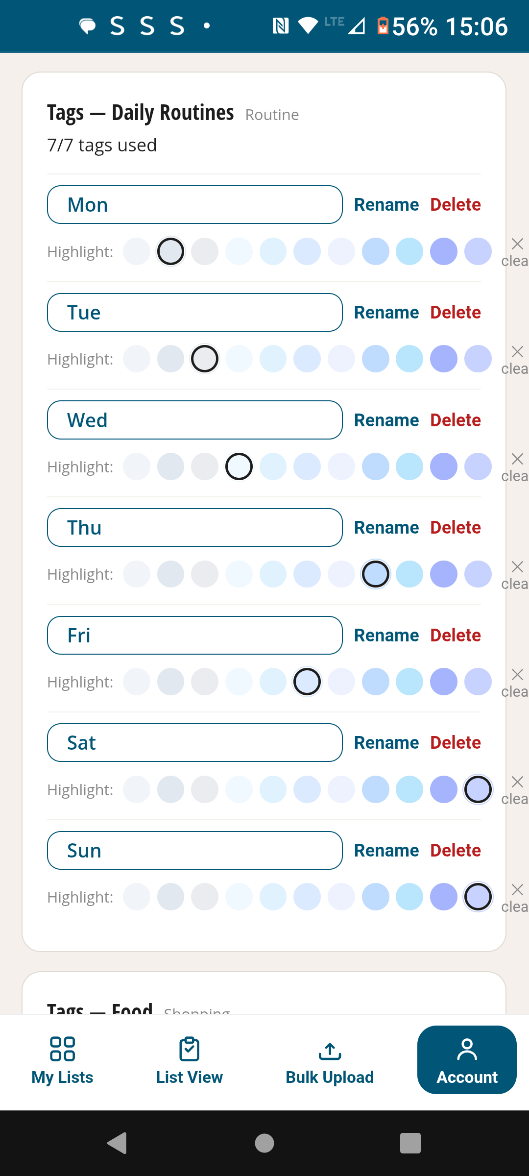 Routine tasks colour-coded by day tag